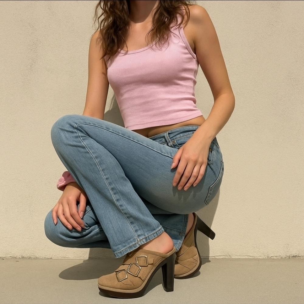 Juicy Couture Y2K Suede Mule Boots Heels Tan Buckle Platform Sz 6